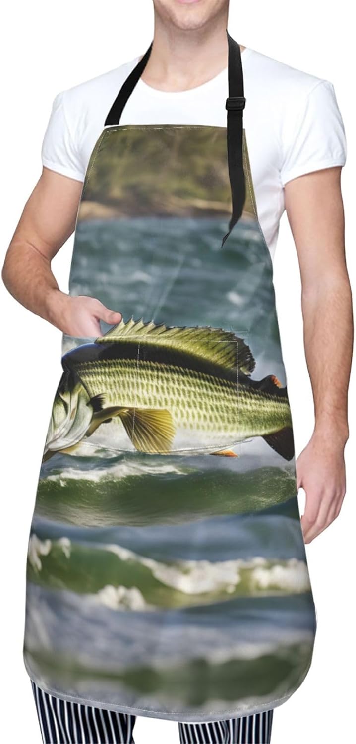 Bass Fishing Wave Print 28x33 In Adult Kitchen Apron with Pockets Versatile Chef Smock for Cooking Baking