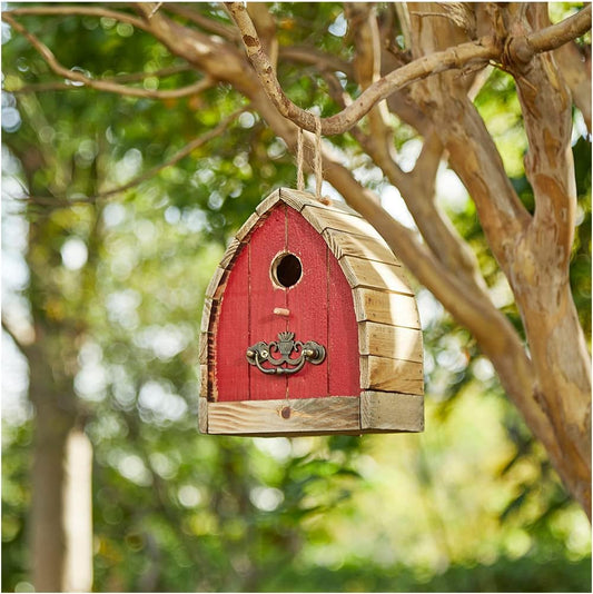 Glitzhome 8.5" H Washed Red Distressed Solid Wood Birdhouse Garden Han