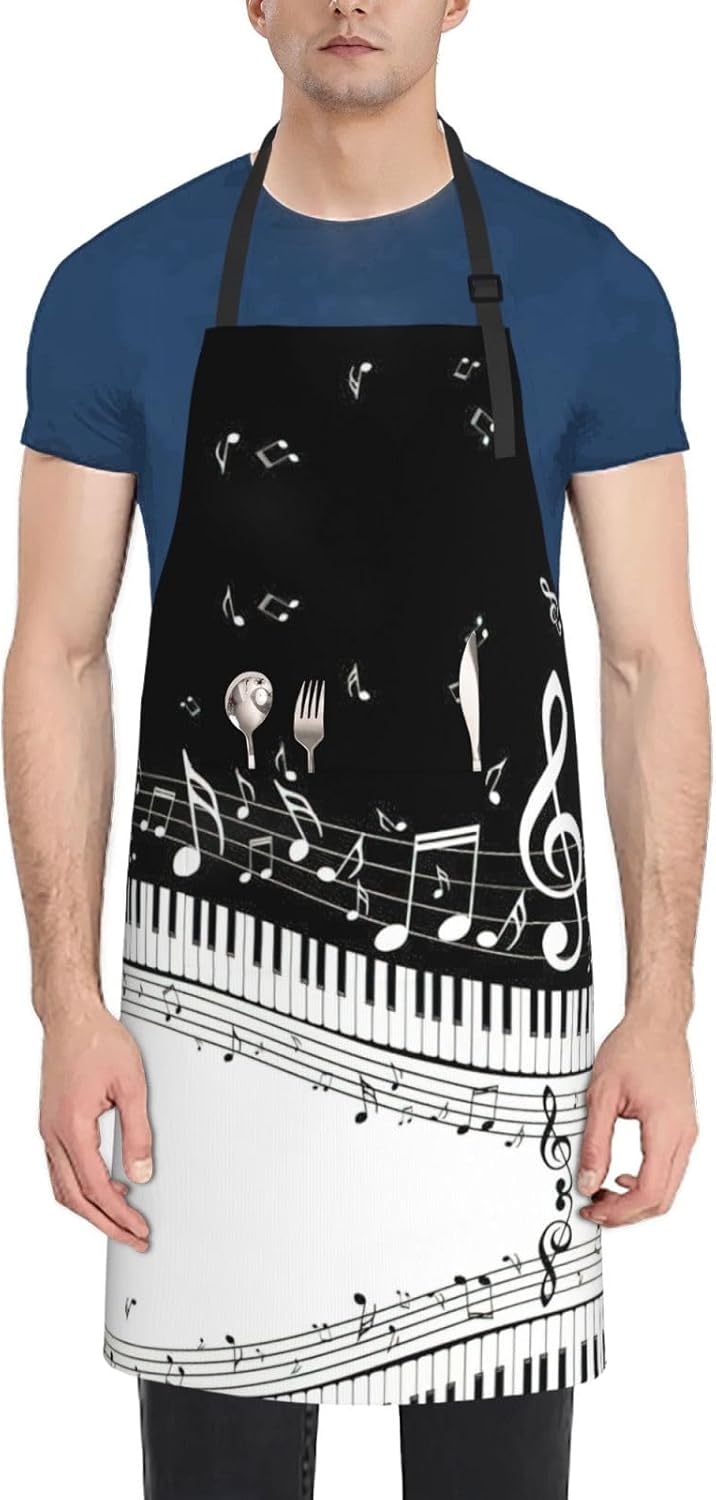 Piano Keys with Musical Notes Print Laundry apron 28x33 In Waterproof Kitchen Apron with Pockets for Cooking Baking