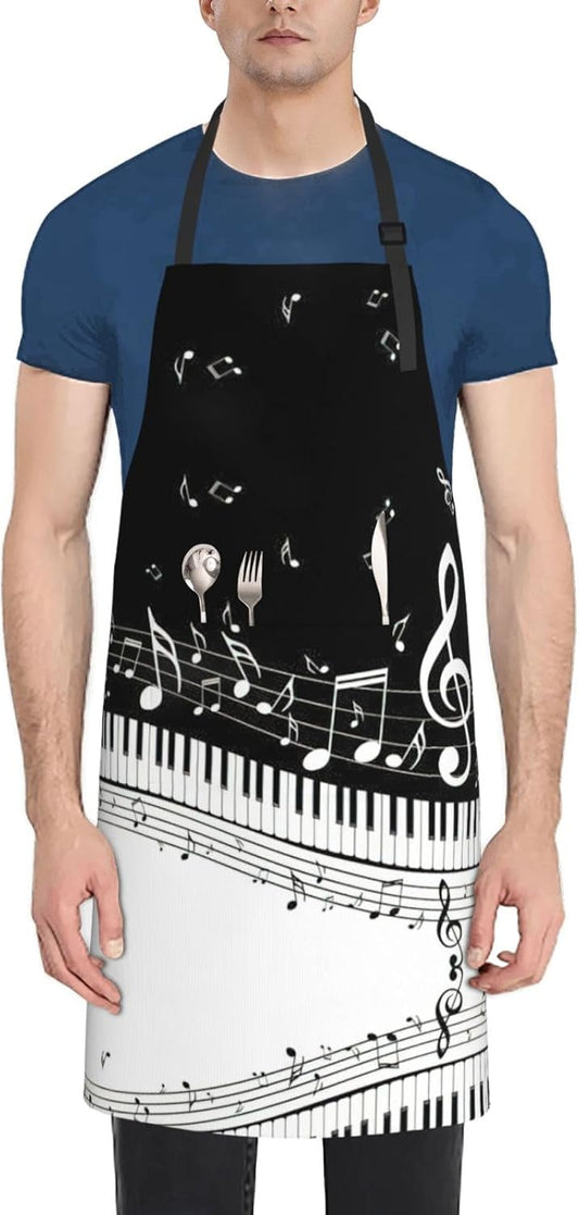 Piano Keys with Musical Notes Print Laundry apron 28x33 In Waterproof Kitchen Apron with Pockets for Cooking Baking