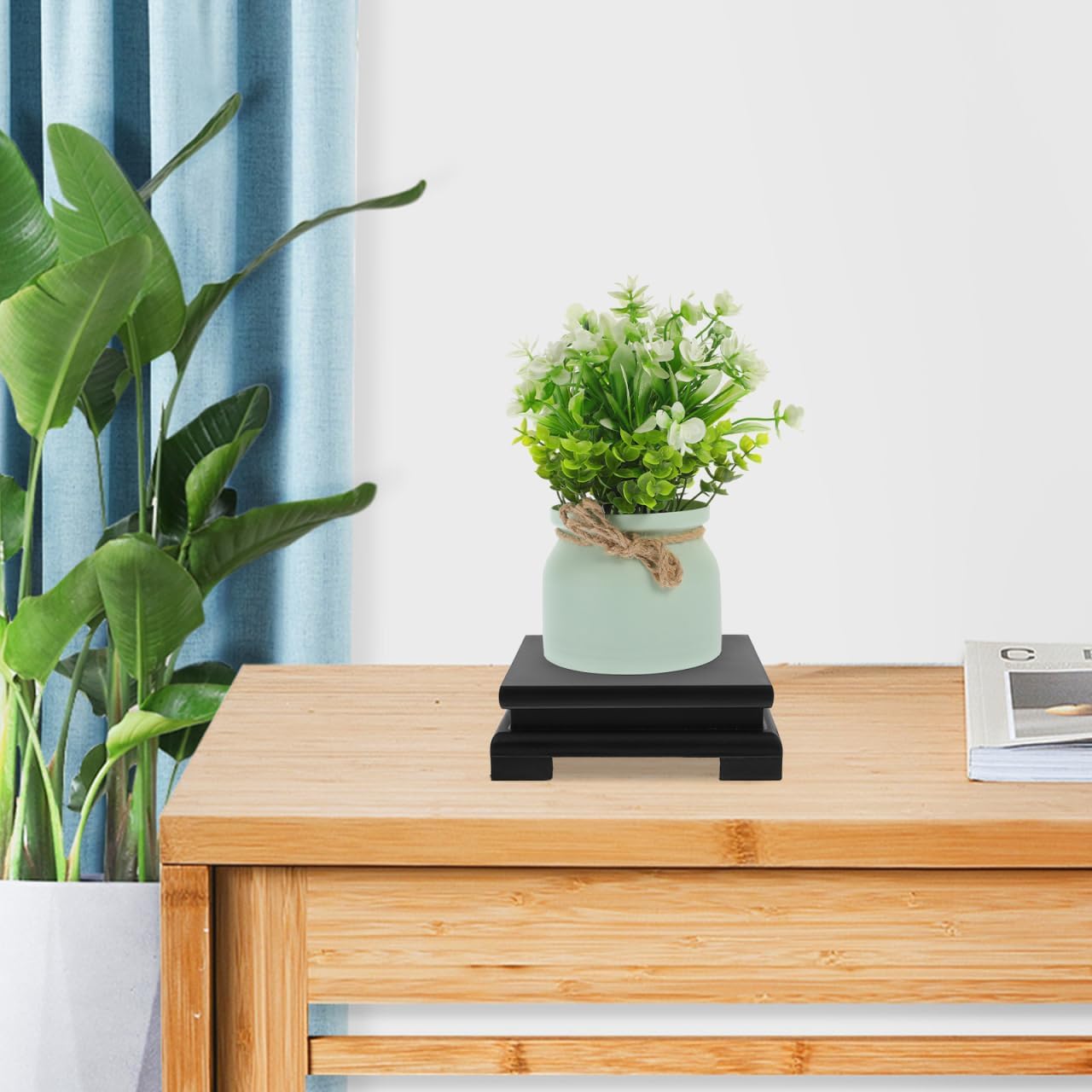 DECHOUS Square Wooden Display Stand Black - Wood Vase Pedestal Stand Display Base for Small Plant Pot, Buddha Statue, Fish Tank, Home Office Farmhouse Decoration, 6x2 Inch