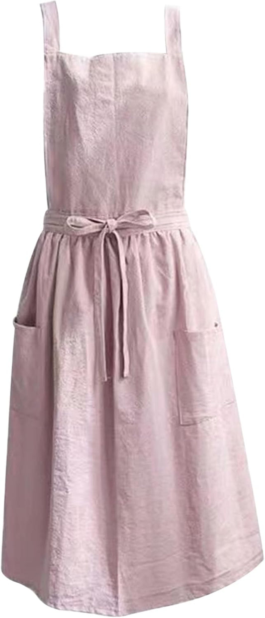 Women's Garden Apron with Pockets, Soft Cotton Cute Elegant Cross-Back Work Apron for Restaurant, Flower Arrangement