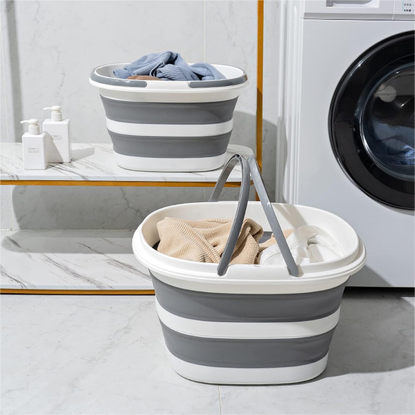 Large Plastic Cleaning Supplies Caddy Bucket with Handles, Portable Cleaning Tool Storage Tote Pop Up Mop Bucket for Dorm and Bedroom, Collapsible Plastic Bucket for Fishing, Garden (Grey)