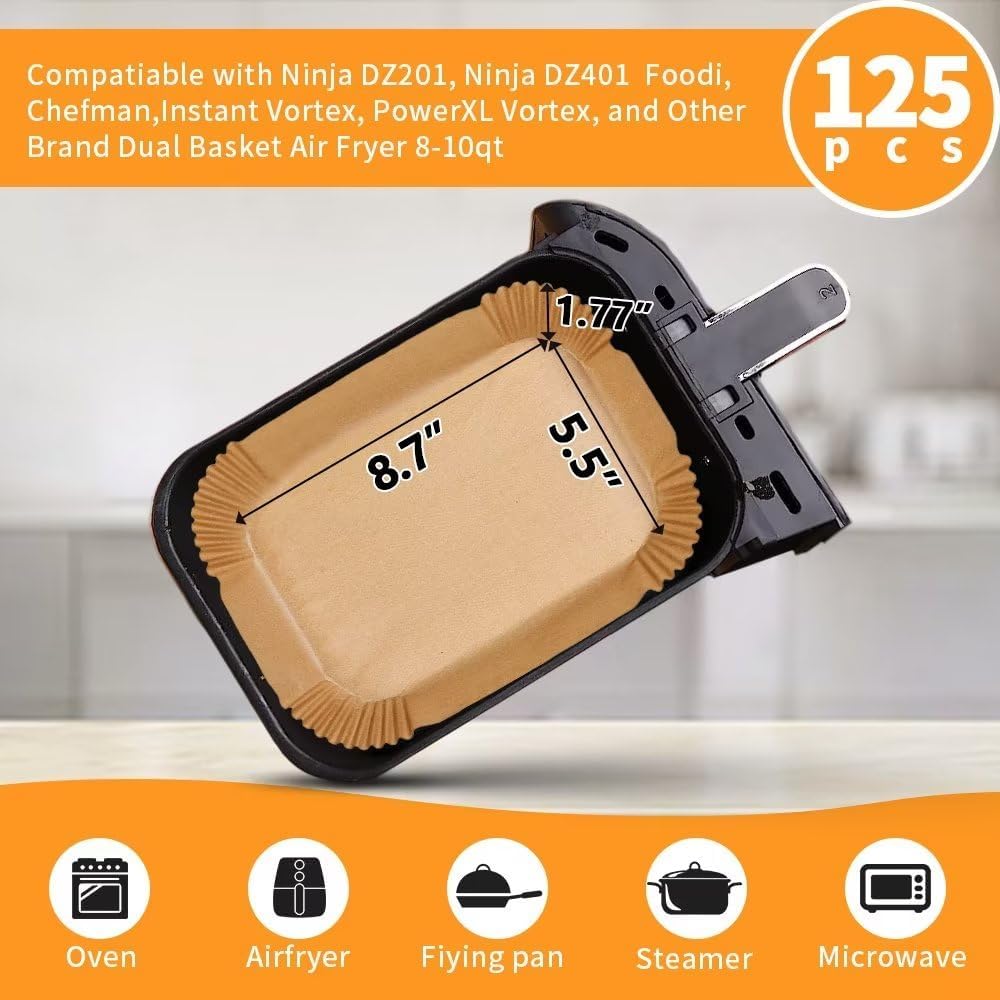 Air Fryer Liners Disposable for Ninja Airfryer: 125pcs 8.7x5.5" Rectangle Parchment Paper for Air Fryer Dual Basket Ninja DZ201 DZ401 Foodi 8Qt and Above Air Fryer liner Accessories