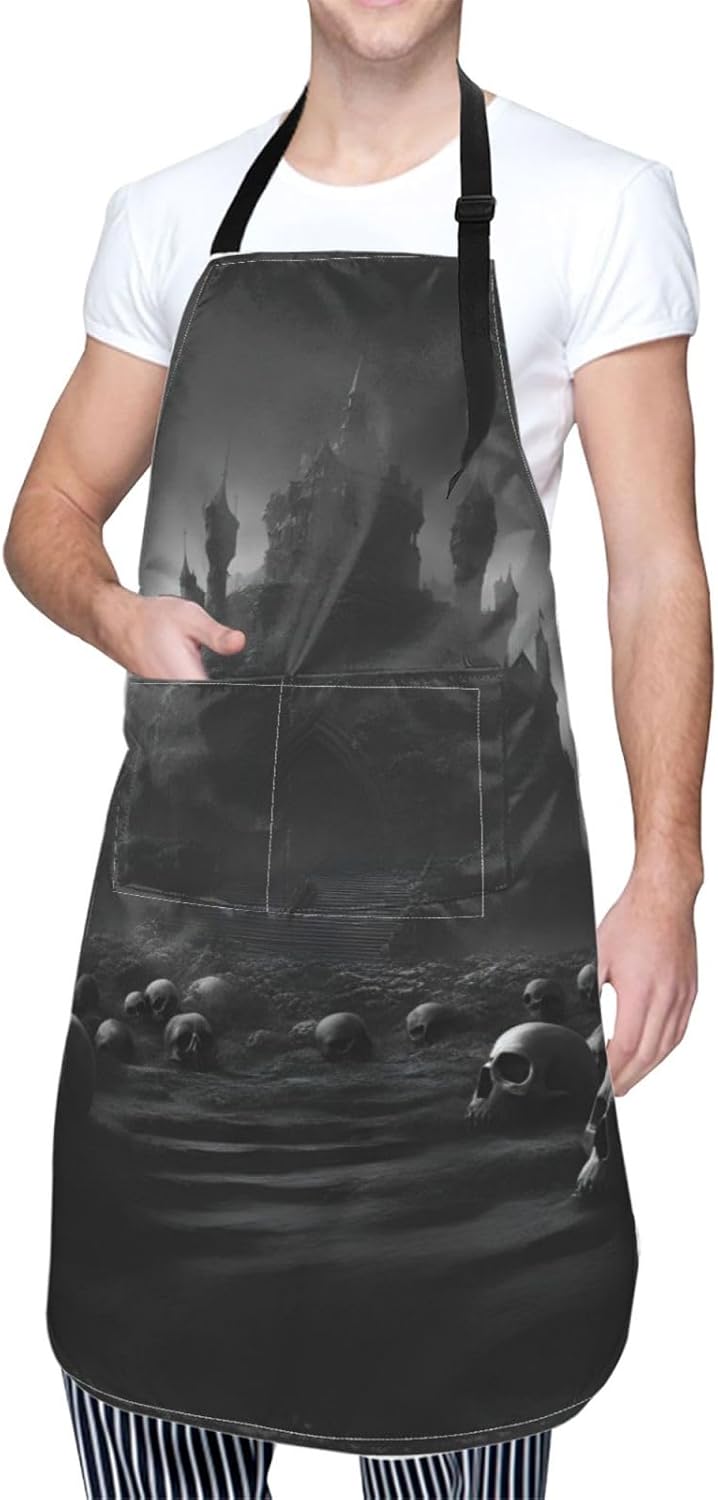 Black and white skulls 1 print Waterproof chef's apron with pocket apr