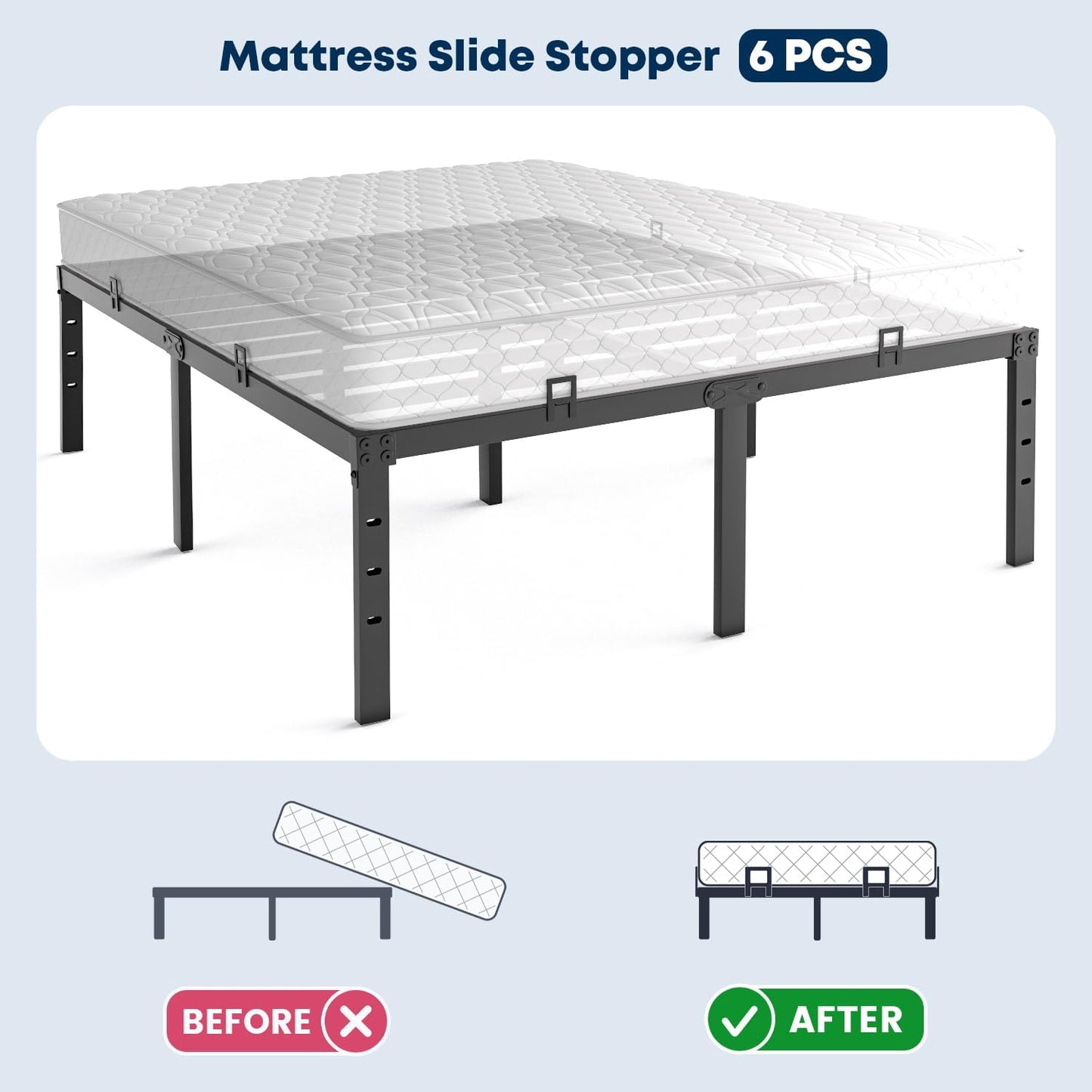 Non Slip Mattress Gaskets, Mattress Holder in Place Gripper for Metal Bed Frame, Keep Mattress from Sliding Gripper, Adjustable, 6 PCS, Black
