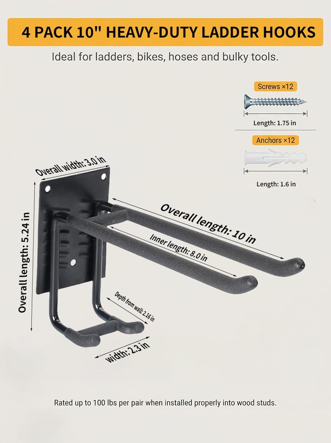 Delobon Garage Hooks 4pack Garage Organization [Steel Multi-Purpose Wall Storage Hooks] for Garden Tool Organizer Heavy Duty Hooks Ladder Power Tools Shovel Rake Broom