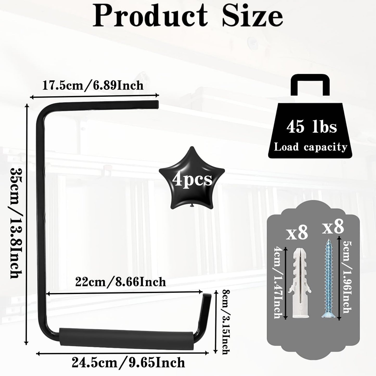 Utility Ceiling Ladder Hooks, Overhead Garage Storage Rack, Wall Mounted Hangers for Fishing Rod, Tools, Wood, Garden Hoses & Other Bulky Items (Pack of 4, 13.8 Inch)