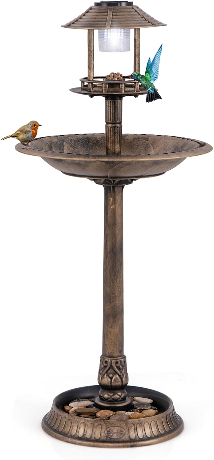 BECOMFORT Solar Bird Bath, Vintage Pedestal Birdbath with Solar Powered Lamp, Bird Feeder, Flower Planter Base & 3 Ground Stakes, Plastic Bird Bath for Outside, Garden, Yard & Outdoor (Bronze)