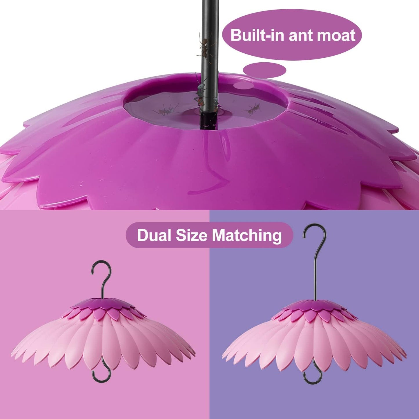 Bird Feeder Baffle Weather Rain Guard Dome Cover Keep Nectar Cool 14" Largh Diameter with Moat and 3 Hooks for Outside Hanging Hummingbird Feeder Bird Feeder（Pink Purple）