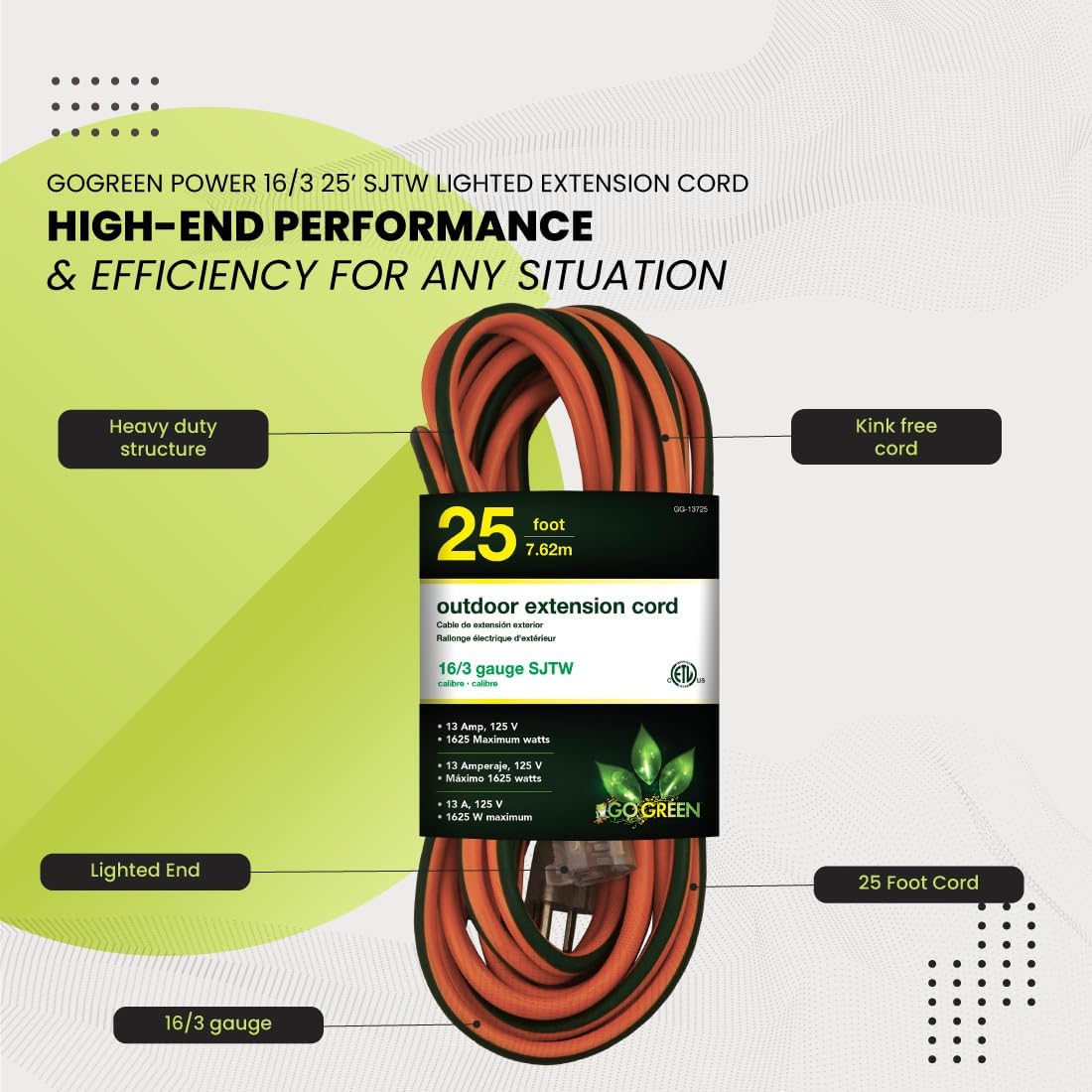 Go Green Power Inc. 16/3 7.6m(25피트) 야외 연장 코드 조명 엔드 - 시공업체 등급, 내구성 및 습기