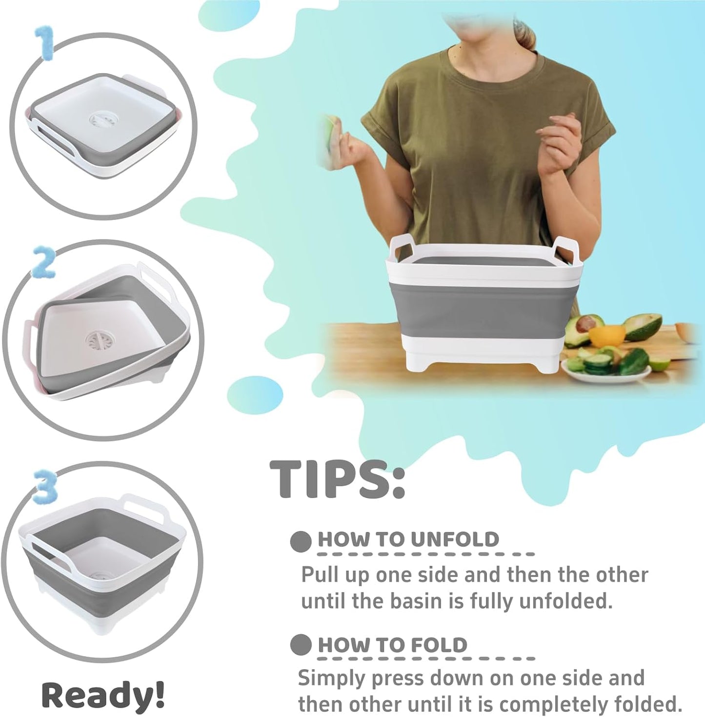 Collapsible Wash Basin with Drain Plug - 2.4 Gallon Foldable Kitchen Sink for Baby Bottles, RV Camping, Space-Saving Dish Tub (Gray)
