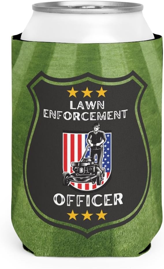 Lawn Enforcement Officer Beer Sleeve – Funny Lawn Care Gift for Dad – Neoprene Can Insulator for 12oz and 16oz Cans – Double-Sided, Durable, Outdoor Father's Day Gift