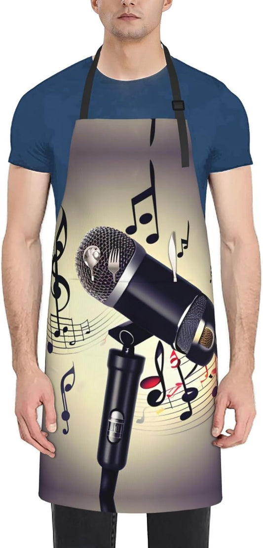 Microphone with Music Note print Waterproof apron with pocket adjustable cooking apron for adult kitchen bibs to bake