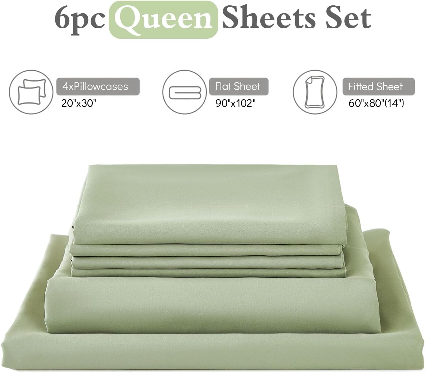 ILAVANDE Queen Sheets Set 6 Piece,Hotel Luxury Super Soft 1800 Series Microfiber Queen Bed Sheets Set-Wrinkle Free & Breathable-14 Deep Pocket Sheets for Queen Size Bed(Queen,Sage Green)