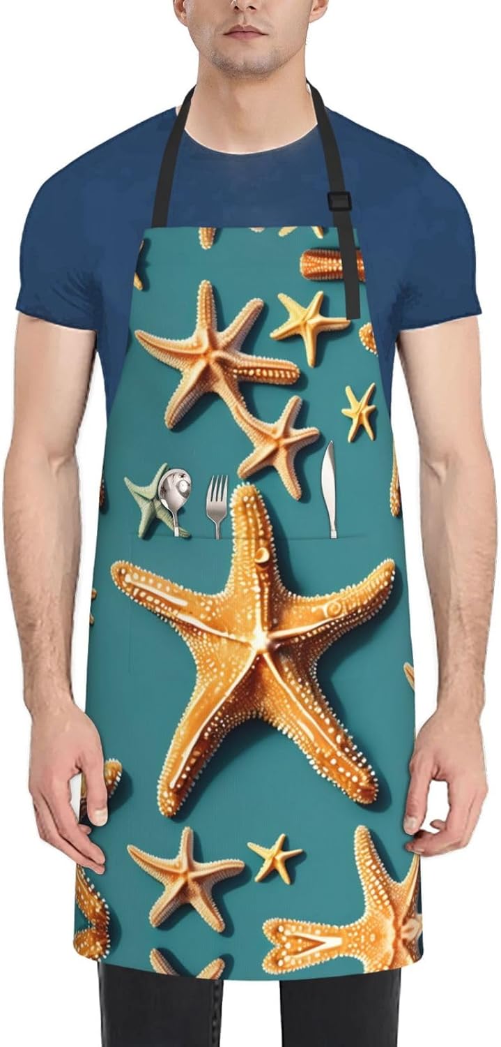 Beach Starfish Print Laundry apron 28x33 In Waterproof Kitchen Apron with Pockets for Cooking Baking