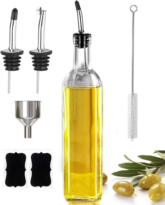 500ml 올리브 오일 디스펜서 병, 500ml 오일 및 식초 양념통, 스테인리스 스틸 푸어러 2개, 라벨 2개, 브러시 1개