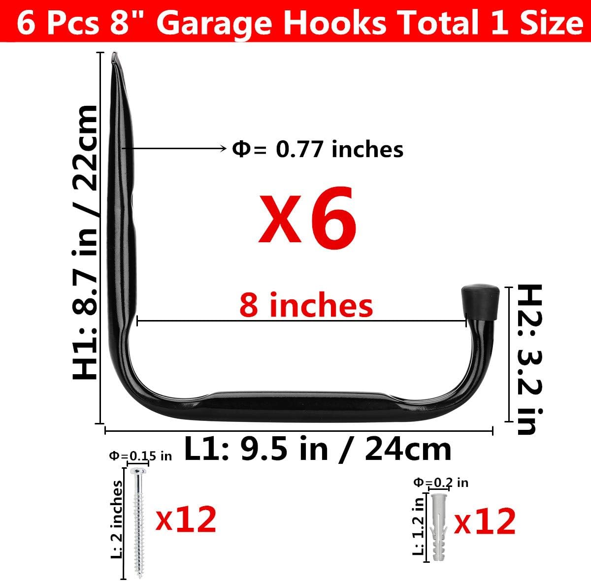Garage and Garden Storage Utility Hooks Heavy Duty Jumbo Arm Hanger (6 Pcs Black 8" J Hook)
