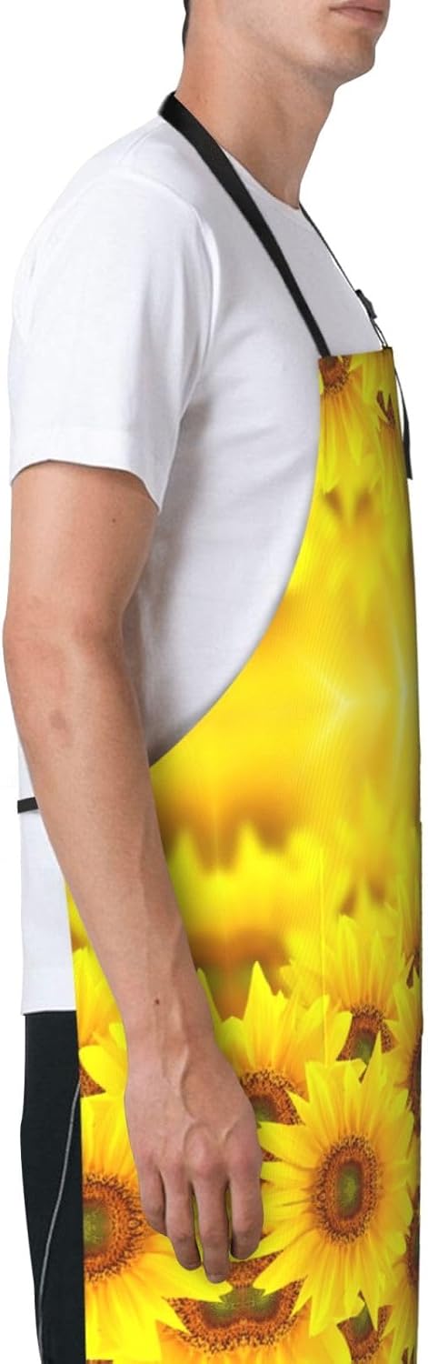 Yellow Sunflower print Waterproof apron with pocket adjustable cooking