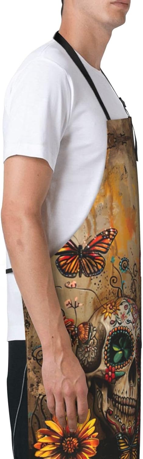 sugar skulls butterfly print Waterproof chef's apron with pocket apron for kitchen cooking baking barbecue and gardening