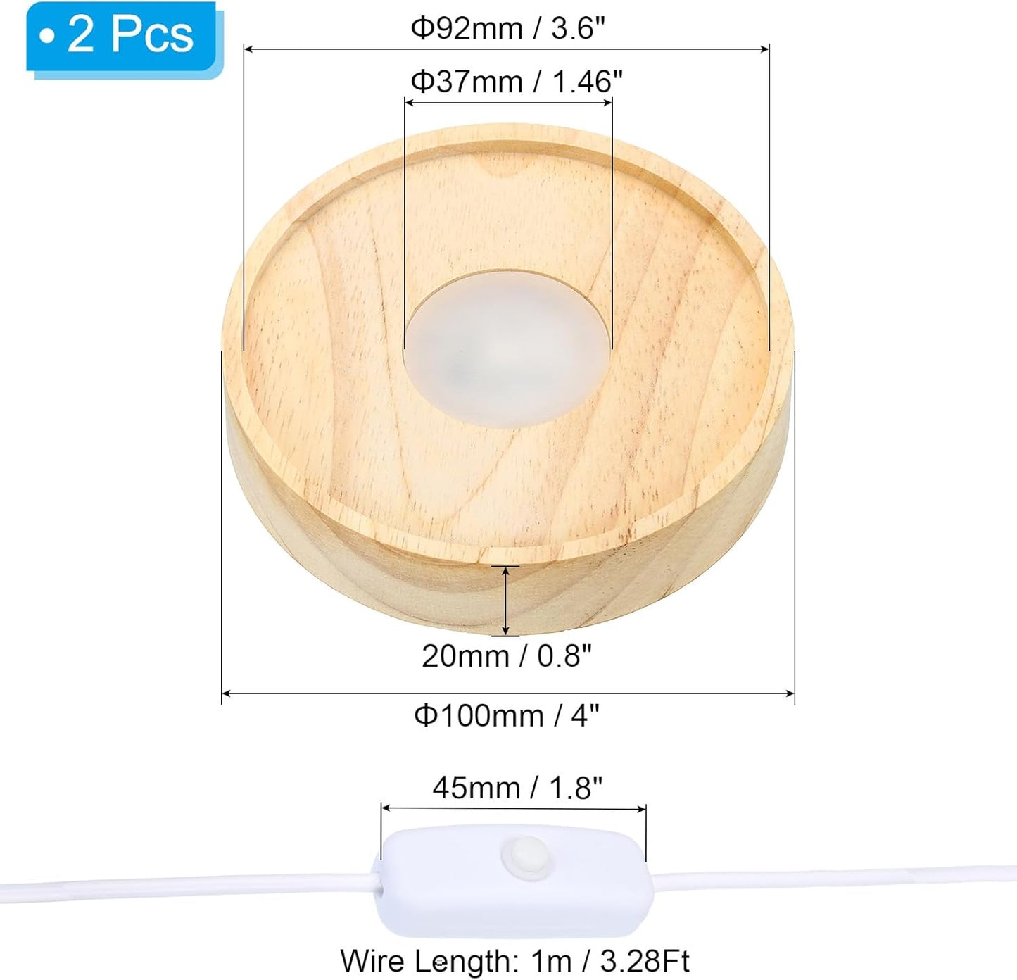 PATIKIL 4 Inch Wooden LED Light Base, 2pcs Wood Light Display Base Stand Lighting with Switch for 3D Crystal Glass Aroma Stone Art, White Light