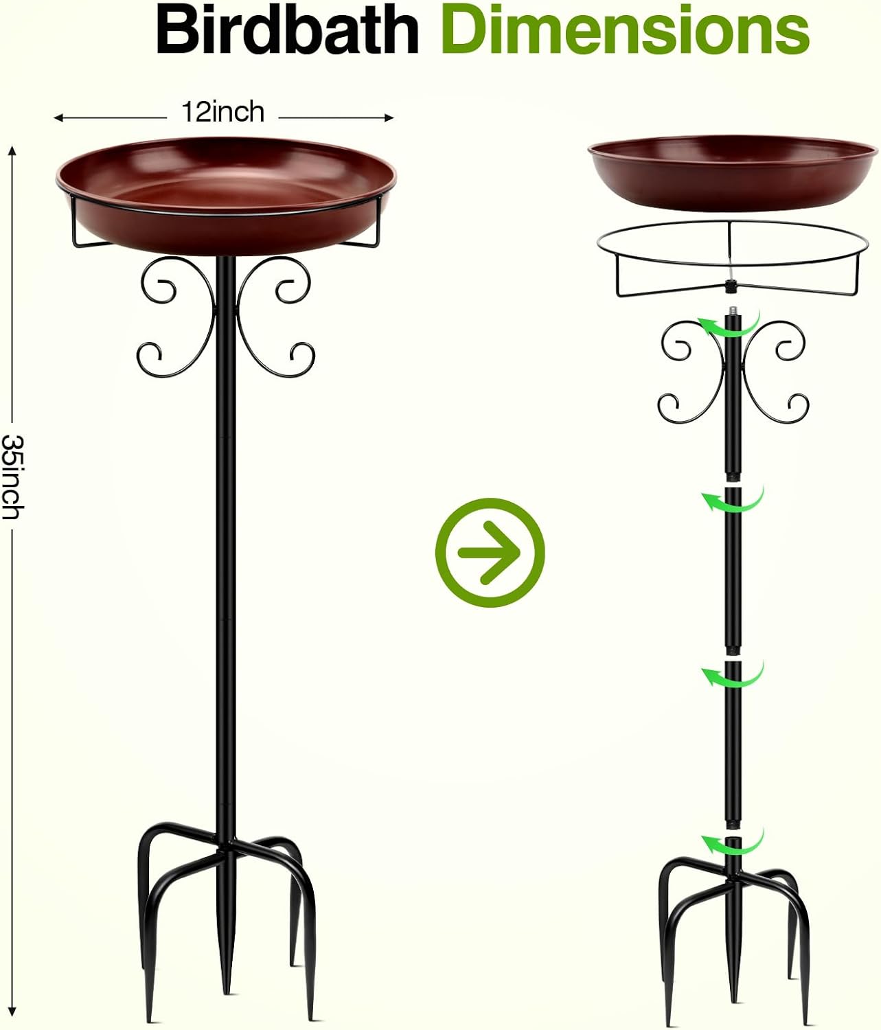 Daoeny Heavy Duty Bird Baths for Outdoors, 35In Outdoor Freestanding Birdbaths & Birdfeeder, Bird Bath Feeder Bowl with Metal Stake Garden Patio Yard Lawn Decor, Upgraded 5-Pronged Base (Brown)