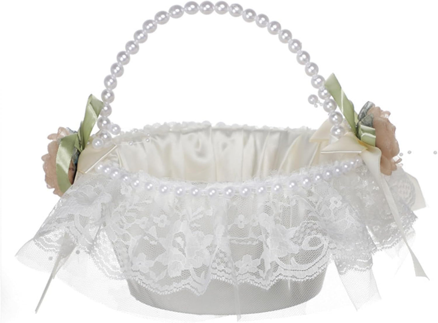 Wedding Flower Girl Basket with Pearl Handle,Satin Flower Storage Basket for Wedding Home Garden Decor (5852, 1)