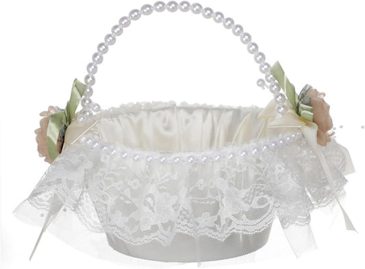 Wedding Flower Girl Basket with Pearl Handle,Satin Flower Storage Basket for Wedding Home Garden Decor (5852, 1)
