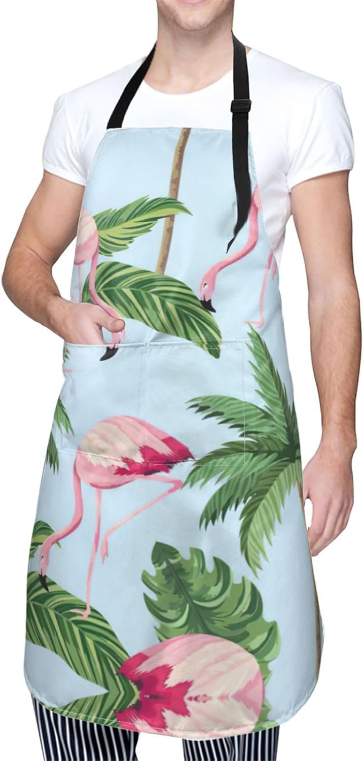 Tropical flamingos Print Laundry apron 28x33 In Waterproof Kitchen Apron with Pockets for Cooking Baking
