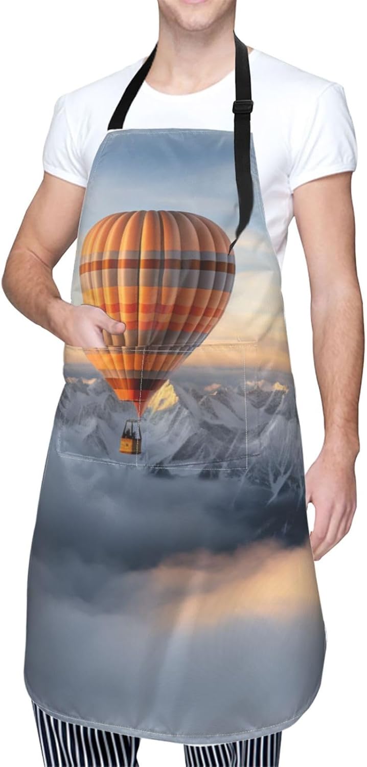 Mountain Hot Air Balloon print Waterproof apron with pocket adjustable cooking apron for adult kitchen bibs to bake