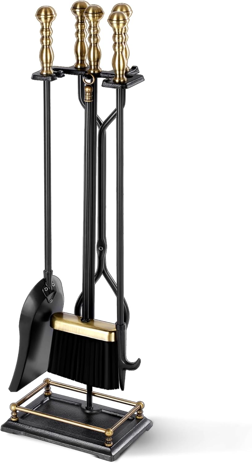 FEED GARDEN Fireplace Tools Set 5 Pieces Modern 30 Inch Outdoor Wrought Iron Fireplace Elegant Brass Handles Accessories Set with Poker, Tongs, Shovel, Brush, Base