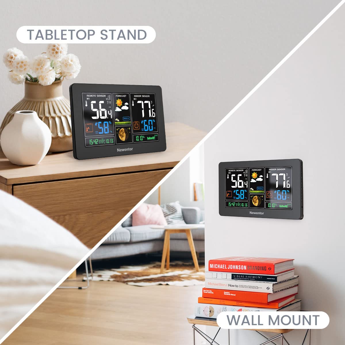 Newentor Weather Station Wireless Indoor Outdoor Thermometer, Color Display Digital Weather Thermometer with Atomic Clock, Barometric Pressure, Forecast Station with Adjustable Backlight, Black