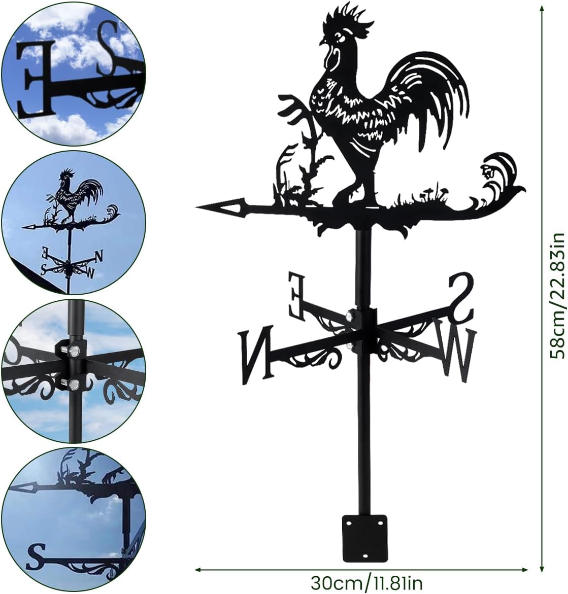 Metal Rooster Shape Weathervane, Roof Mount Weather Chicken Wind Vane Direction Indicator,Outdoor Scene Garden Chicken Weather Vane Ornament for for Shed Farmhouse Yard Patio Decor (Rooster)