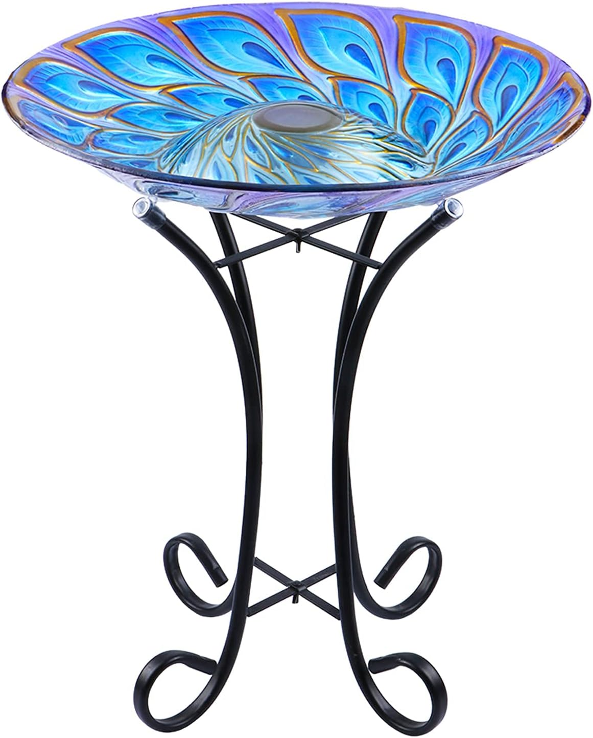 MUMTOP Outdoor Glass Bird Bath Solar Birdbaths with Metal Stand for Lawn Yard Garden Peacock Decor,18” Dia 21.65” Height