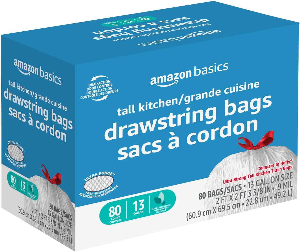 Amazon Basics Ultra-Force Tall Kitchen Drawstring Trash Bags, Classic 