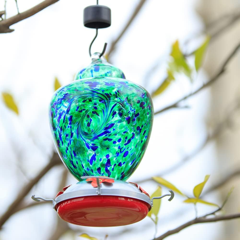 REZIPO Hummingbird Feeder with Perch - Hand Blown Glass - Green(Firework) - 38 Fluid Ounces Hummingbird Nectar Capacity Include Hanging Wires and Moat Hook, blue/Green