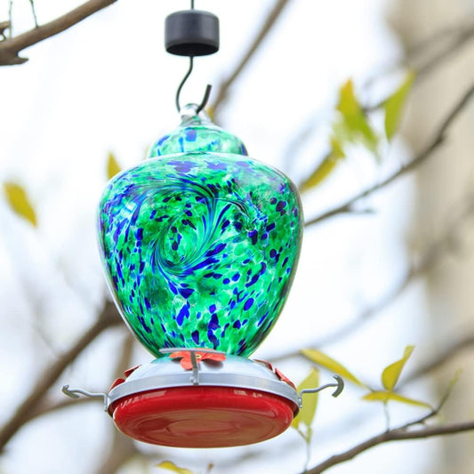 REZIPO Hummingbird Feeder with Perch - Hand Blown Glass - Green(Firework) - 38 Fluid Ounces Hummingbird Nectar Capacity Include Hanging Wires and Moat Hook, blue/Green