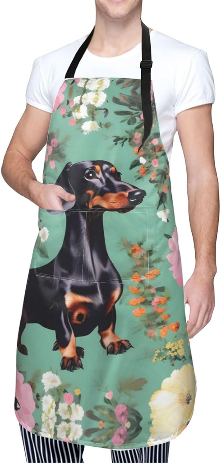 Dachshund Florals print Waterproof apron with pocket adjustable cooking apron for adult kitchen bibs to bake