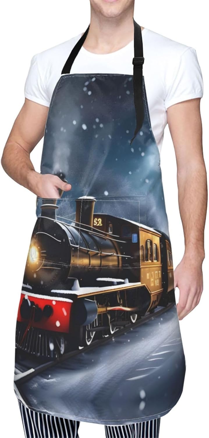 Winter Christmas Snow Night Railway Train print Waterproof apron with 