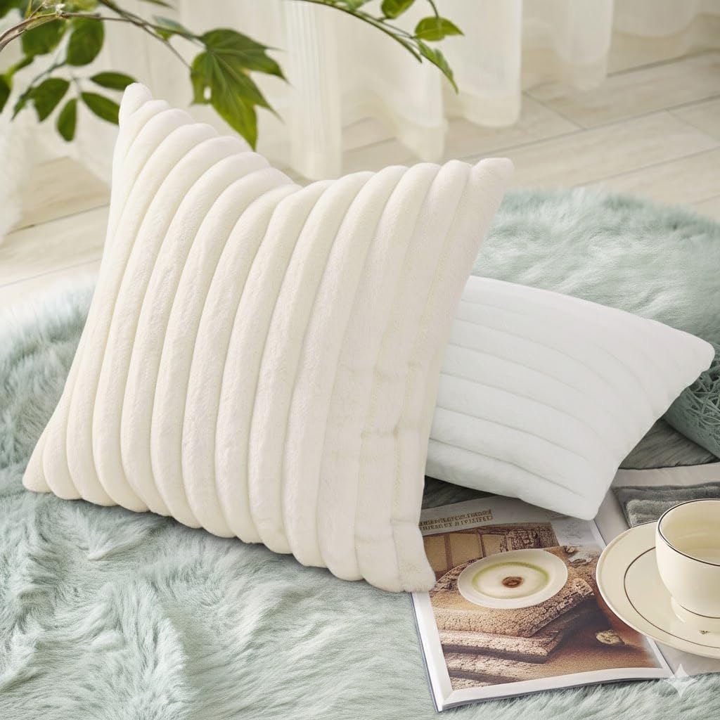 decorUhome Cozy Faux Fur Spring Throw Pillow Covers 18x18 Set of 2 Decorative Soft Plush Striped Modern Farmhouse Boho Couch Pillow Cases with Velvet Back for Sofa Bed Living Room, Cream White