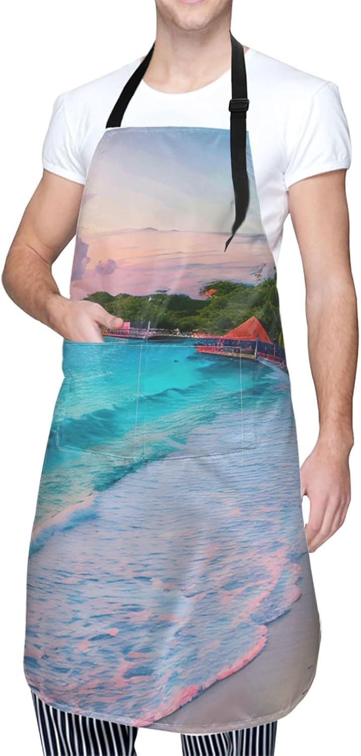YANYU Jamaica Beach Print 28x33 In Kitchen Apron Stylish Chef Apron with Pockets for Cooking Baking Painting