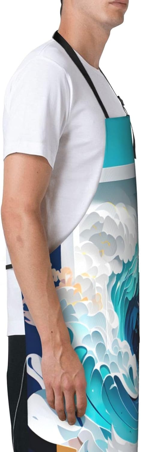 Ocean Wave print Waterproof chef's apron with pocket apron for kitchen cooking baking barbecue and gardening