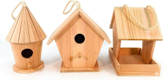 3-Piece DIY Birdhouse Set with Feeder – Includes 2 Wooden Bird Houses & 1 Bird Feeder, Large Paintable Craft Kit for Kids & Adults, Ideal for Home, Garden & Outdoor Decor