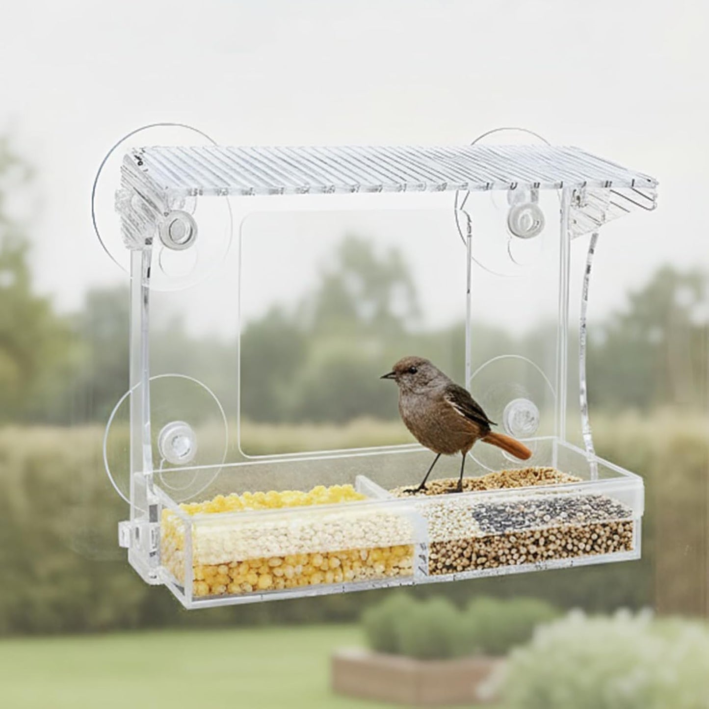 Bird Feeder, Acrylic Windproof Outdoor Window Feeder with Detachable Tray for Hummingbird, Wild Finch, Garden, Yard, Patio, Porch, Balcony, Family Viewing