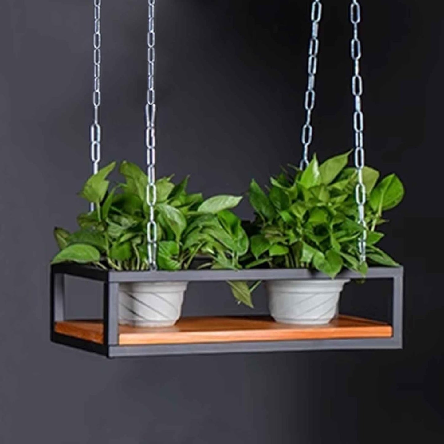 Heavy Duty Adjustable Ceiling Mount Plant Shelf, Solid Wood & Iron Hanging Pot Holder, Floating Storage Rack for Indoor/Outdoor Plants (80x25x15cm)