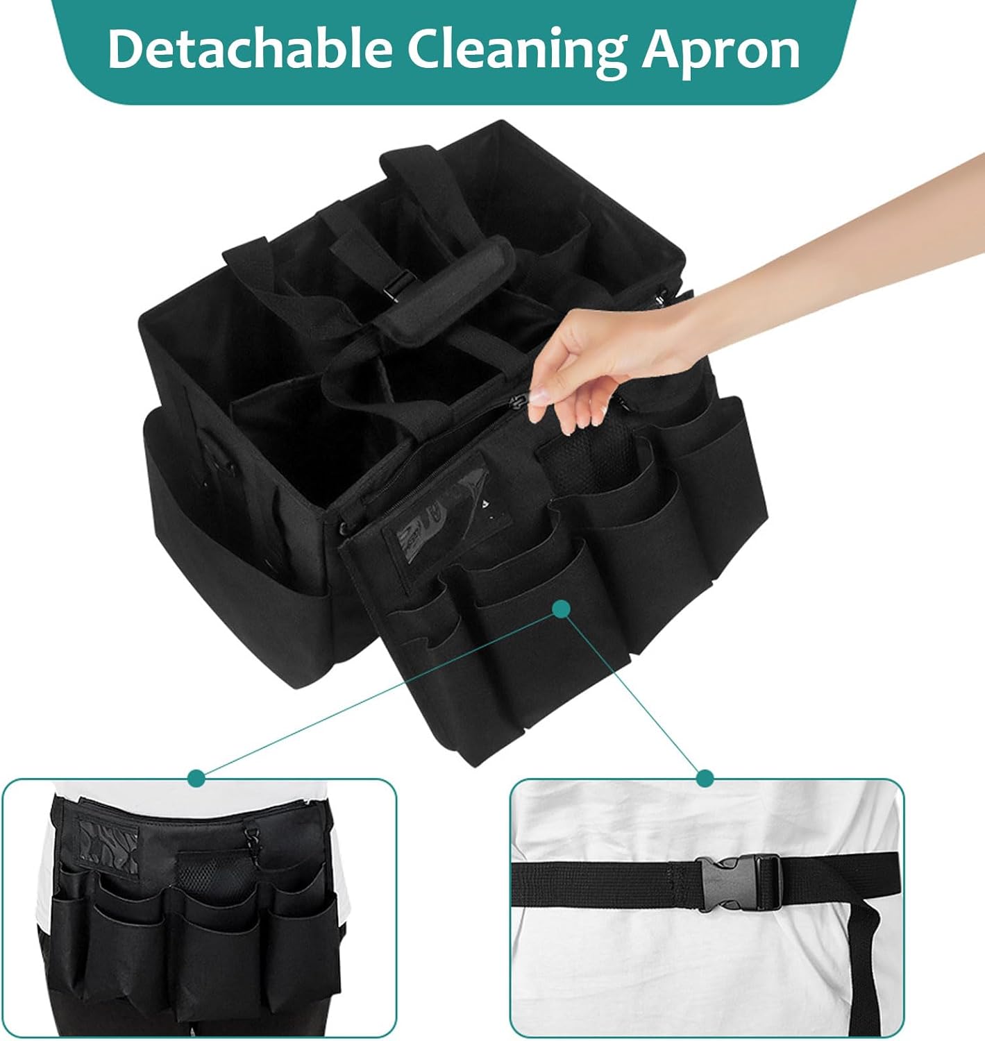Large Cleaning Caddy Bag with Removable Apron, Wearable Cleaning Bags for Housekeepers, Utility Tool Tote for Kitchen, Garden & Car Detailing, Cleaning Supplies Organizer(Black)