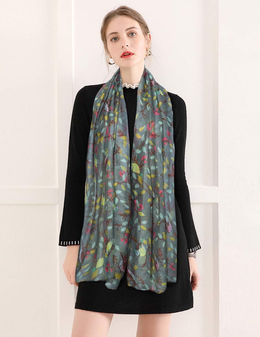 GERINLY Scarfs for Women Lightweight Floral Birds Print Cotton Scarves