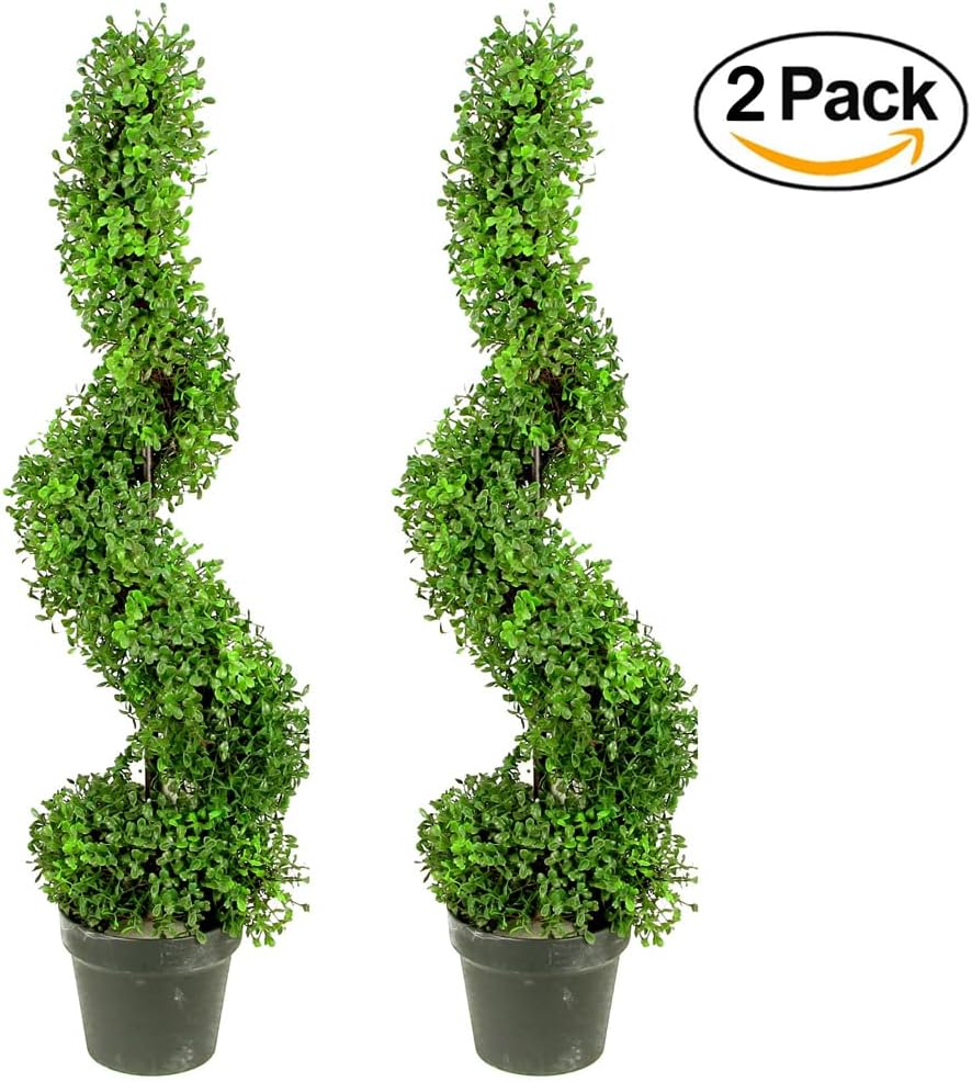Admired By Nature 36" Artificial Boxwood Spiral Topiary Tree in Plastic Plant Pot - For Home Decor, Indoor, Outdoor, Crafts, Offices - Set of 2, Green