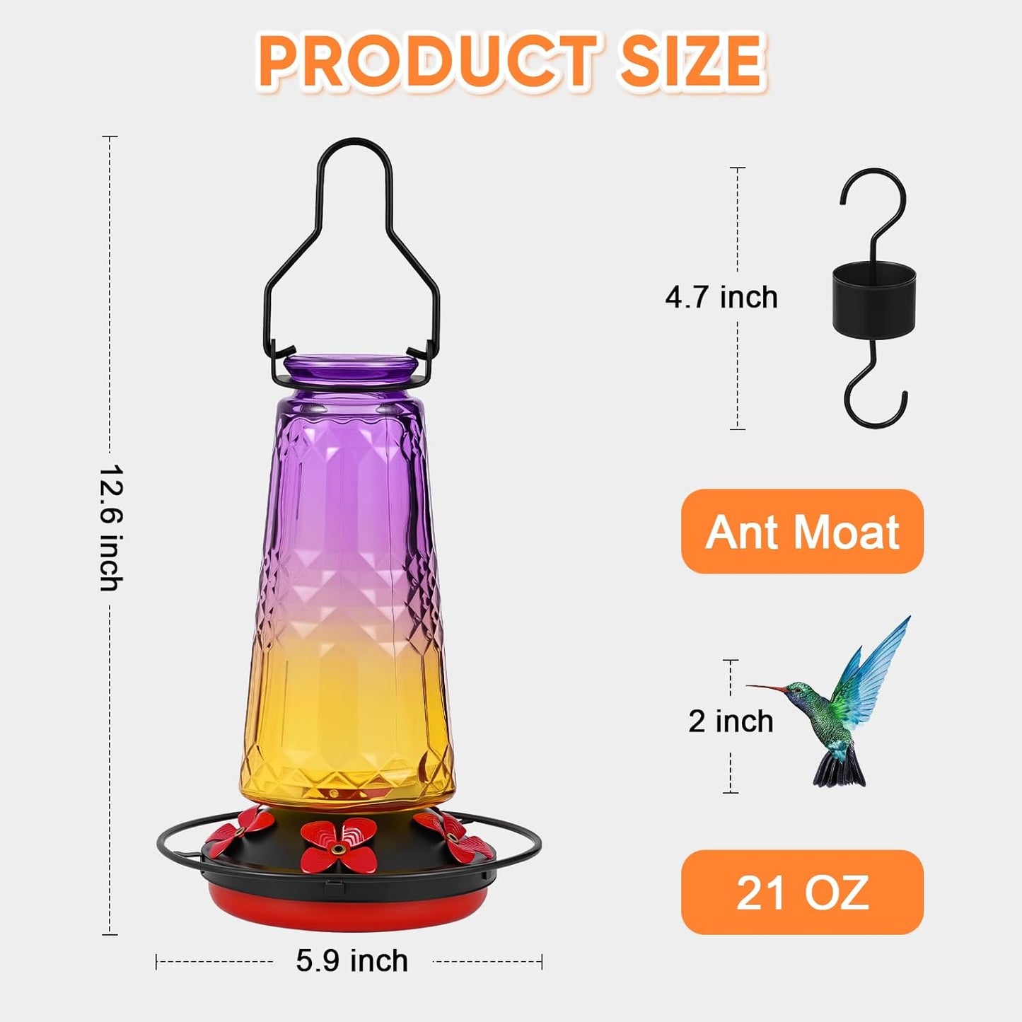 Hummingbird Feeders for Outdoors Hanging, Glass Nectar Feeder with Ant Moat and 5 Bee Guard Feeding Ports, Leak Proof, 21 Ounces, Red (Purple)