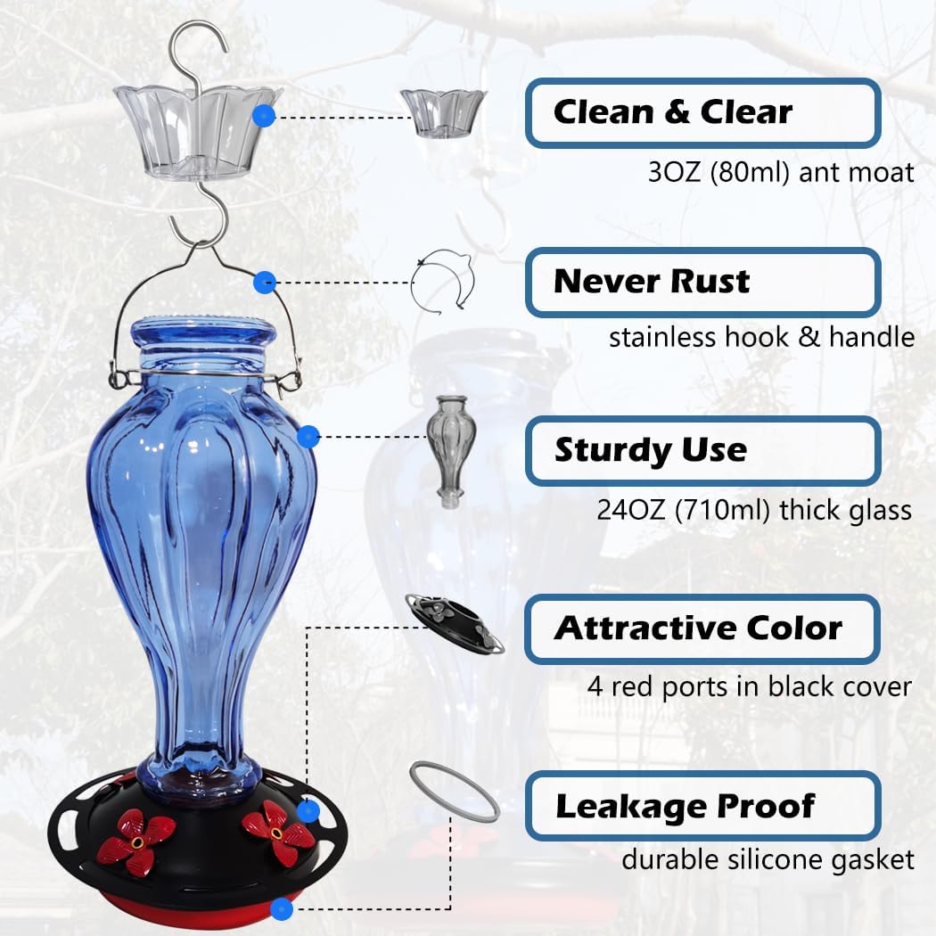 Hummingbird Feeder for Outdoors Hanging - Blue Glass Nectar Feeding Bo